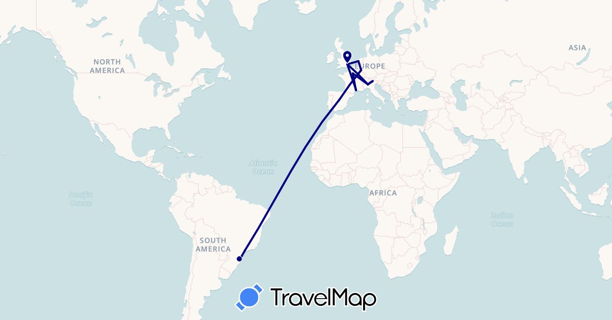 TravelMap itinerary: driving in Brazil, Spain, France, United Kingdom, Italy, Luxembourg, Netherlands (Europe, South America)